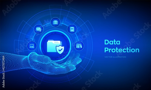 Data protection icon in robotic hand. Personal data security concept on virtual screen. Protected folder icon. Cyber security. Internet privacy and safety. Vector illustration.
