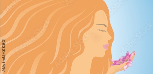Profile beautififul redhead woman with big hair. Smelling flower, fragrancy and dream. Vector illustration. EPS10.