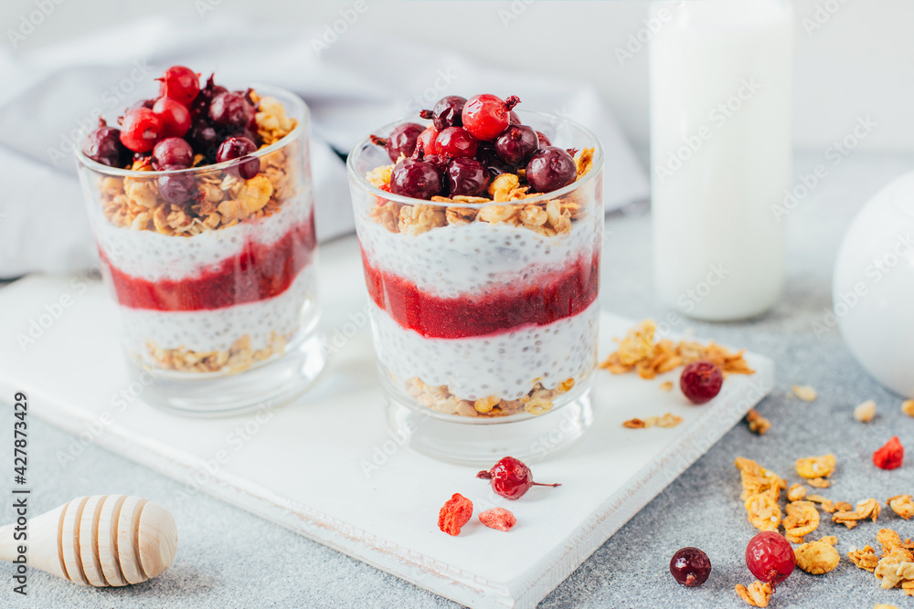 close-up of chia pudding with yogurt granola currant on the background of a bottle of milk on a gray background close-up of chia pudding with yogurt granola currant on the background of a bottle of milk on a gray background
