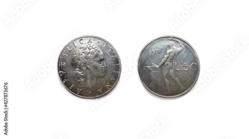 1978 Italian 50 Lire Coin Front and Back Side Isolated on White Background