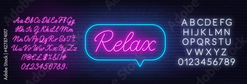 Relax neon sign in the speech bubble on brick wall background.