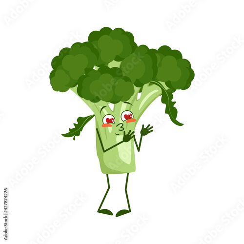 Cute broccoli character falls in love with eyes hearts, arms and legs. The funny or smile hero, green vegetable or cabbage