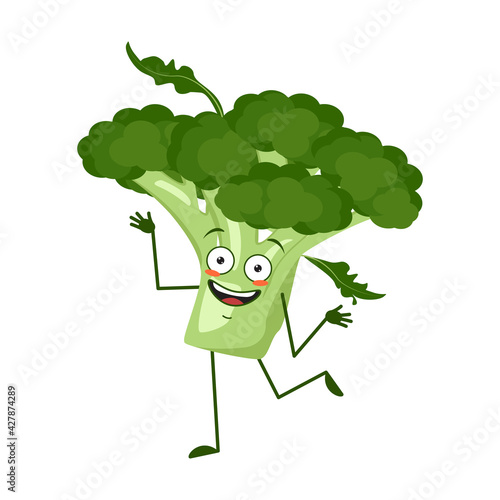 Cute broccoli character cheerful with emotions dancing, arms and legs. The funny or smile hero, green vegetable or cabbage
