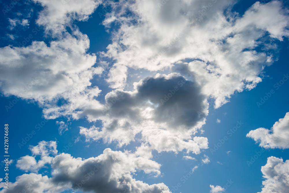 Fototapeta premium Grey white cumulus clouds in a blue sky in bright sunlight in spring, Almere, Flevoland, The Netherlands, April 13, 2021