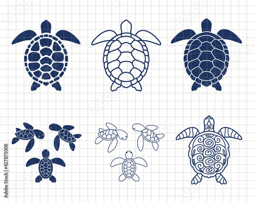 Sea turtle isolated. Summer clip art. Ocean life. Silhouette vector flat illustration. Cutting file. Suitable for cutting software. Cricut, Silhouette