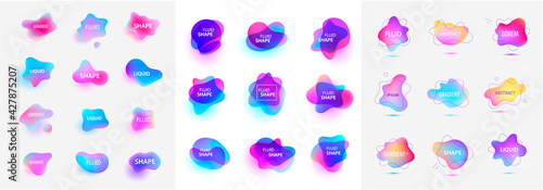 Vector 3d gradient spots set. Abstract elements for trendy vibrant color design. Use for logos, tags, labels, background. Fluid blots, wavy drops, flowing elements, transparent, gradient