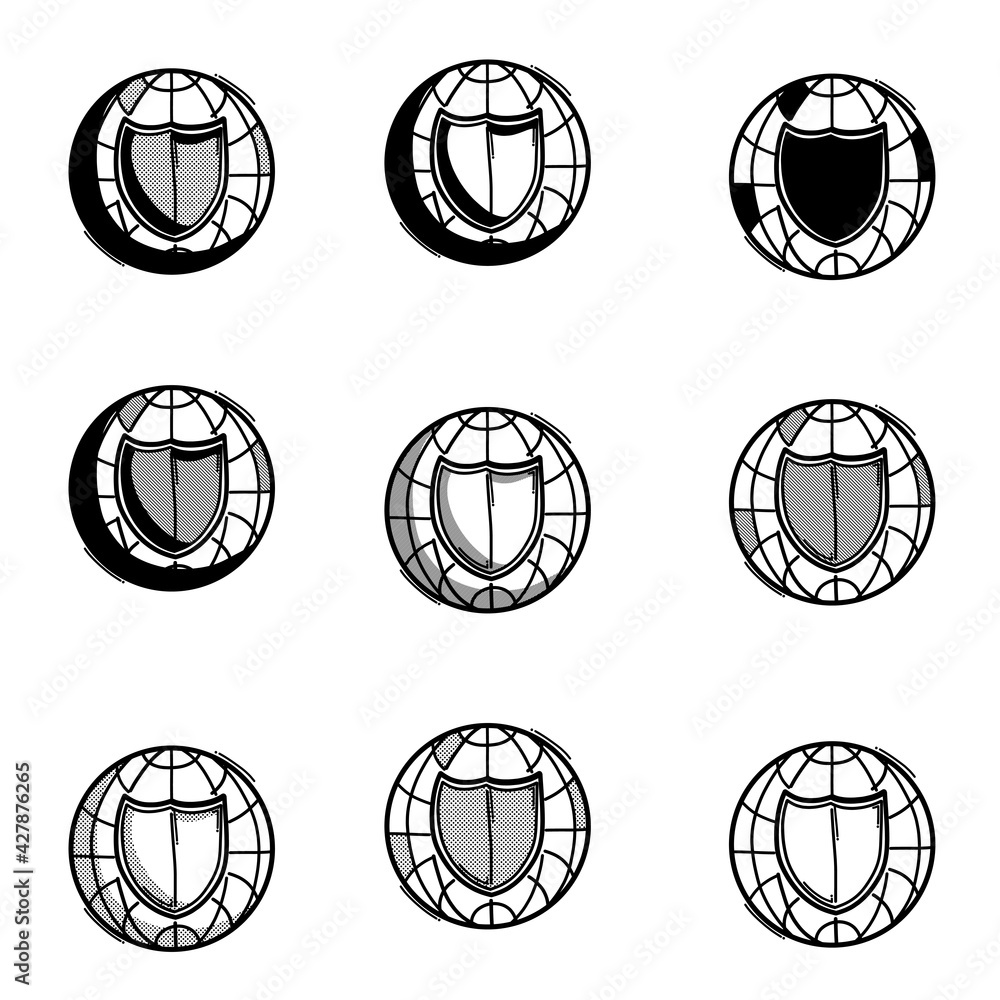 World and shield doodle vector icon. Drawing sketch illustration hand drawn line eps10 World and shield doodle vector icon. Drawing sketch illustration hand drawn line eps10