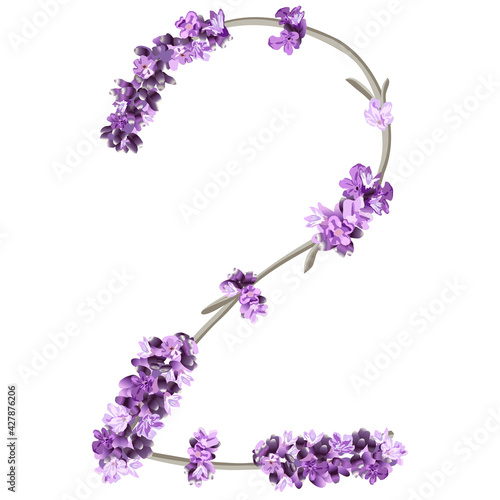 vector image of the number 2 in the form of lavender sprigs in bright purple colors