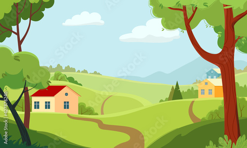 Summer landscape with green trees, fields and small cozy Scandinavian style houses. Vector illustration. Rustic sunny day.