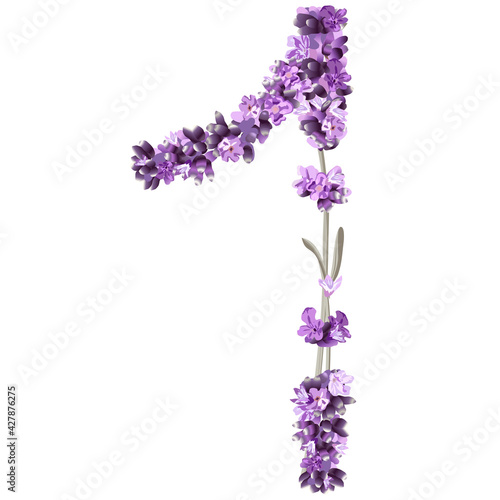 vector image of the number 1 in the form of lavender sprigs in bright purple colors