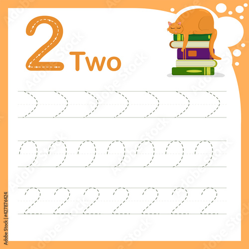 drawing line vector illustration of a children's task for learning numbers. A worksheet with the number two. Handwriting training