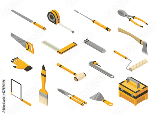 Set of isometric hand tools. Detailed icons of tools for handyman repair. Vector equipment kit of builder instrument. Tool supplies for house repair on white background
