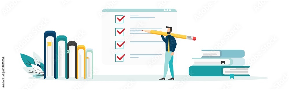 Online education vector illustration. Concept of online courses. e-learning. digital library. e-book. online exam. examination and testing in university. college. Flat illustration for UI, banner. Online education vector illustration. Concept of online courses. e-learning. digital library. e-book. online exam. examination and testing in university. college. Flat illustration for UI, banner.