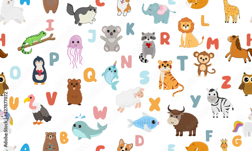 Seamless pattern with English alphabet with cute animals isolated on white background. Background for teaching children learning a foreign language.