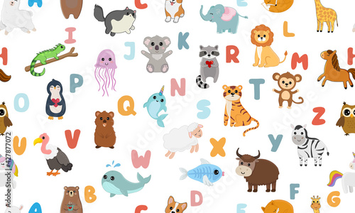 Fototapeta Naklejka Na Ścianę i Meble -  Seamless pattern with English alphabet with cute animals isolated on white background. Background for teaching children learning a foreign language.