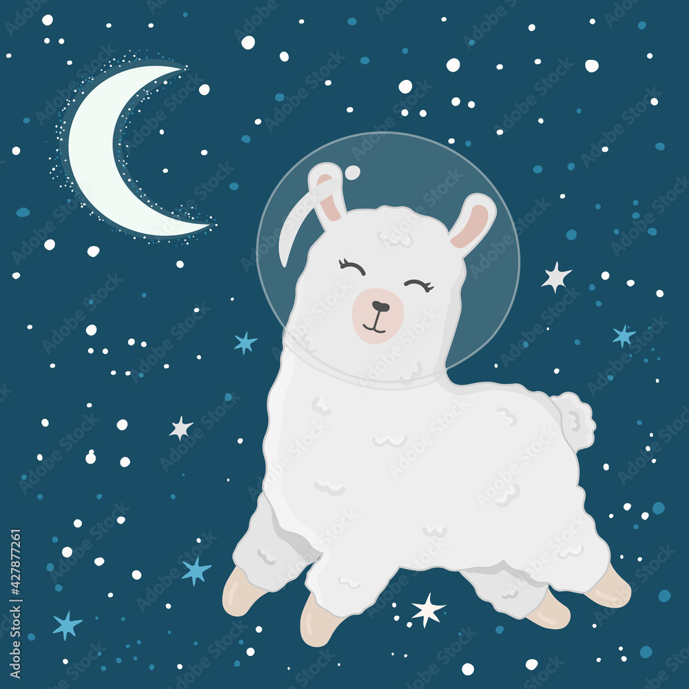 Fototapeta premium Illustration with cute alpaca astronaut on starry space background. Perfect for posters, greeting cards and other design. Cute llama