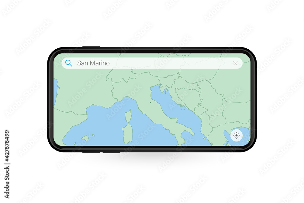 Searching map of San Marino in Smartphone map application. Map of San Marino in Cell Phone. Searching map of San Marino in Smartphone map application. Map of San Marino in Cell Phone.