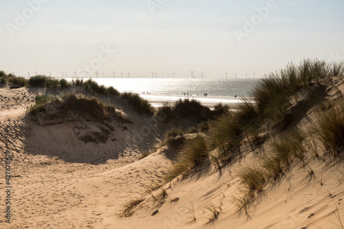 Fototapeta Naklejka Na Ścianę i Meble -  Sand dunes and the sea with wind turbines in the distance