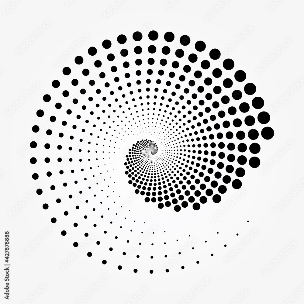 Abstract circular object. Dotted round logo. Halftone swirl object. Halftone dots circle texture. Abstract circle pattern. Vector art illustration. Halftone design element.