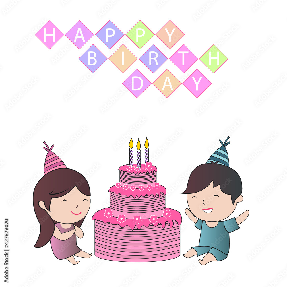 girl and Boy with cake. kids having fun at birthday party. kids celebrating  a birthday party. Happy birthday, Text. vector children birthday party.  cartoon buy and girl Character. Stock Vector | Adobe