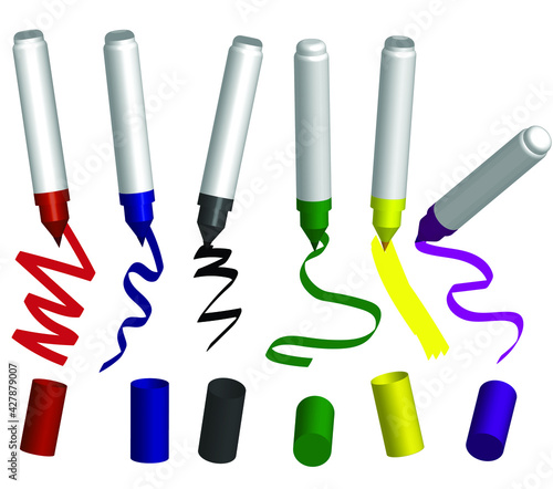 Set of realistic 3D marker pens and caps for school or office.Red, green, blue, black, yellow and green brushes.Mockup of a stationary.Back to school concept.Colorful and multicolored pencils.