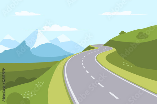 Winding highway to the mountains. Summer landscape with a road. Road trip, vacation. Vector illustration