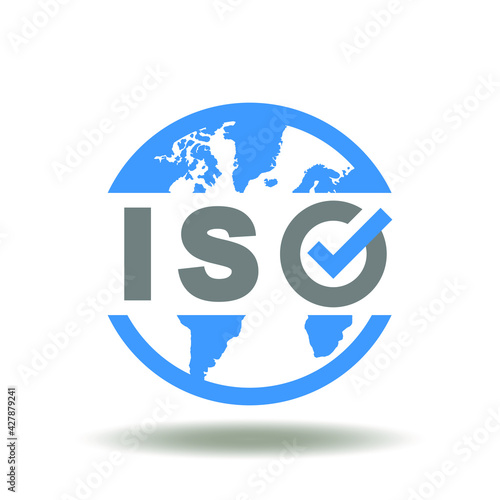 Earth planet with ISO acronym and check mark vector illustration. ISO International Organization for Standardization Standards Quality Control Service Symbol.