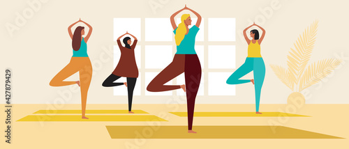 Various women doing yoga asanas together, Flat vector stock illustration with group of people in yoga class as a sport and activity concept