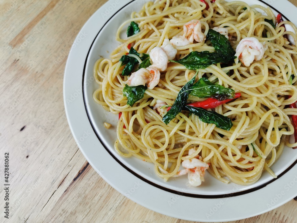 Spaghetti with Shrimp Basil on a plate