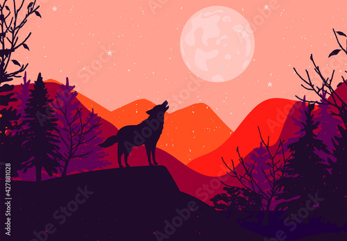 the wolf howls at the moon. Mountain landscape. vector. eps