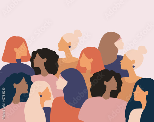 Diversity multiethnic people. Group side silhouette women of different culture and different countries. Coexistence and multicultural community integration, racial equality.