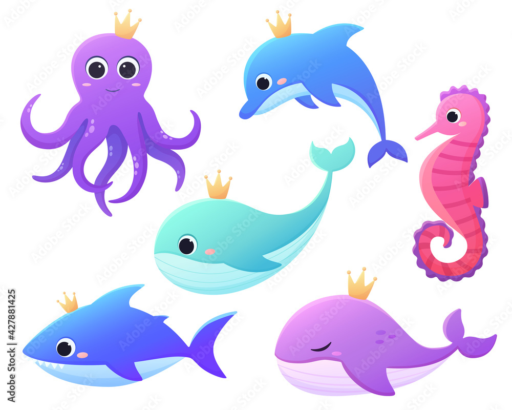 Vector set of cute ocean animals in cartoon style. Dolphin, whale, octopus, shark, seahorse children's illustration. Isolated on a white background. Underwater life.
Vector set of cute ocean animals in cartoon style. Dolphin, whale, octopus, shark, seahorse children's illustration. Isolated on a white background. Underwater life.