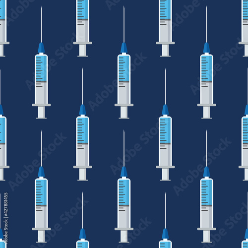Seamless pattern of medical syringes with medicine, drugs, isolated on blue background. Color illustration.
