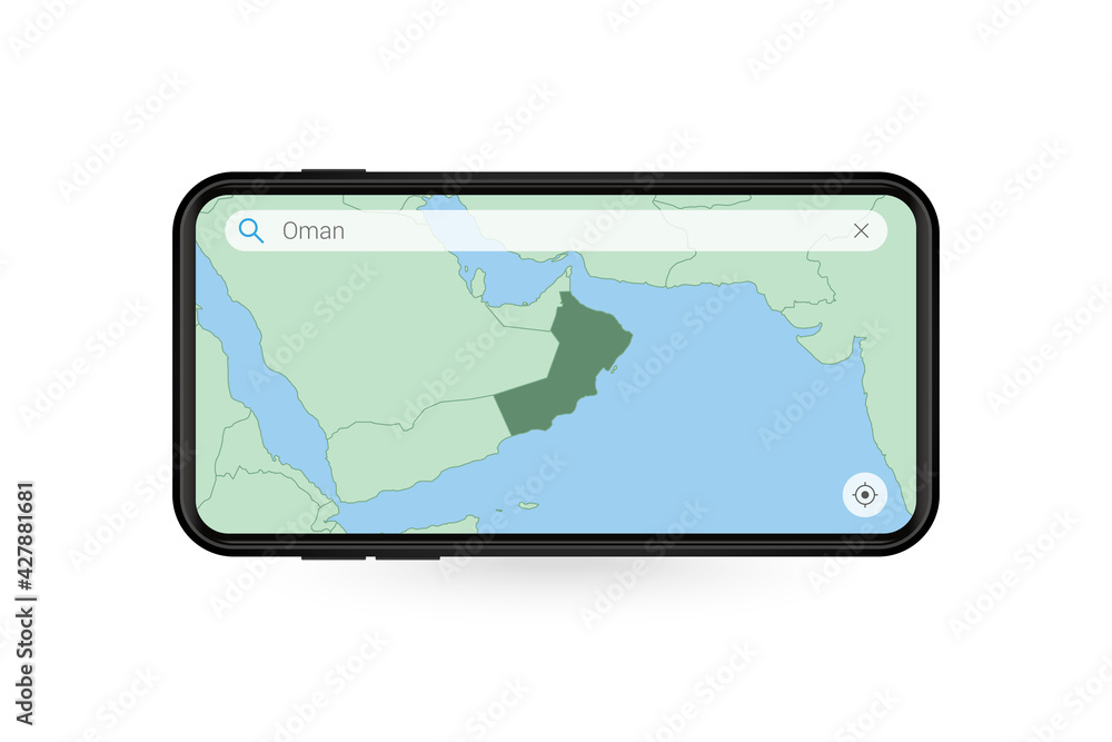 Searching map of Oman in Smartphone map application. Map of Oman in Cell Phone. Searching map of Oman in Smartphone map application. Map of Oman in Cell Phone.