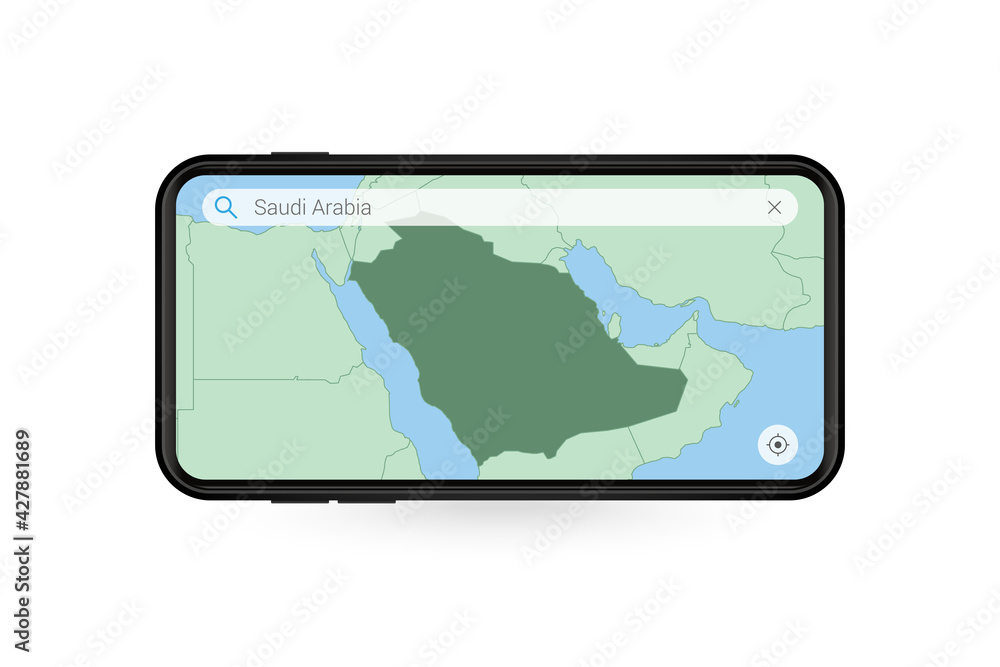 Searching map of Saudi Arabia in Smartphone map application. Map of Saudi Arabia in Cell Phone. Searching map of Saudi Arabia in Smartphone map application. Map of Saudi Arabia in Cell Phone.