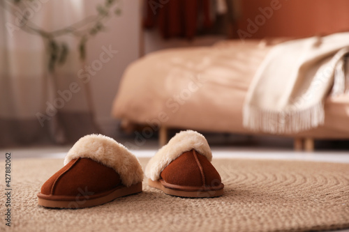 Brown warm slippers on rug in bedroom
