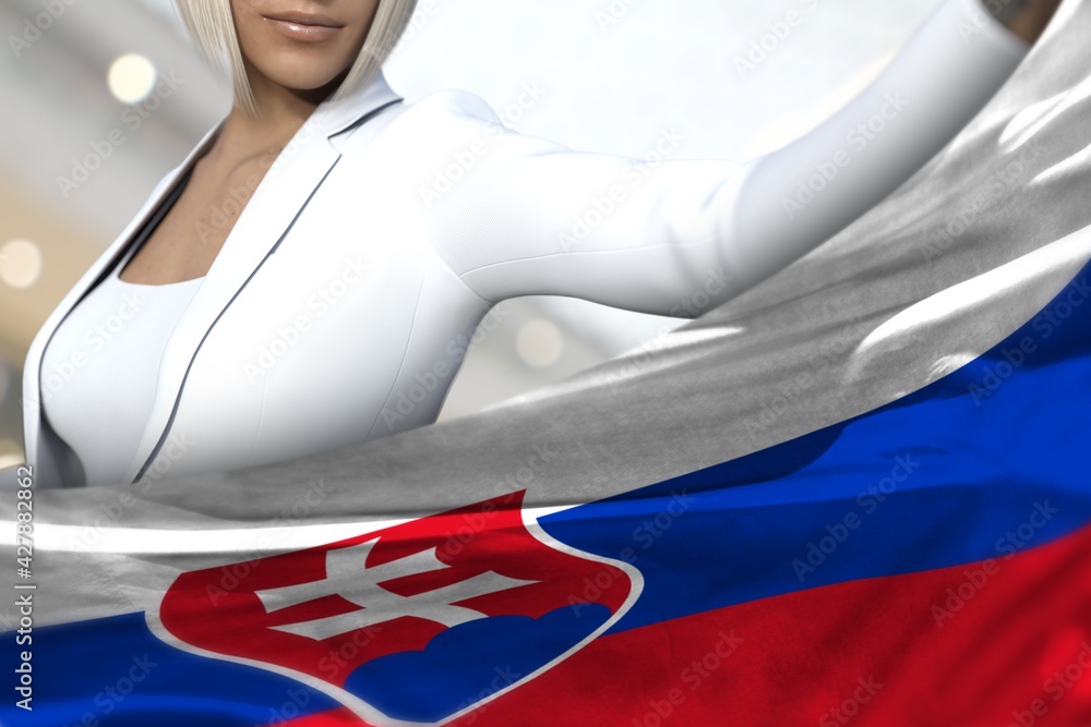 Fototapeta premium beautiful business woman holds Slovakia flag in front on the mall background - flag concept 3d illustration