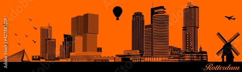 Vector city skyline silhouette - illustration, 
Town in orange background, 
Rotterdam Nederlands