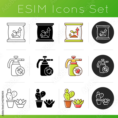 Gardening store categories icons set. Flower pots and flower beds. Seedling trays for growing flowers at home. Linear, black and RGB color styles. Isolated vector illustrations