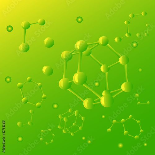 Hexagonal molecules on a green background. Vector illustration.