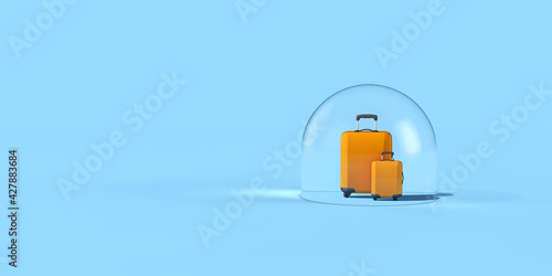 Coronavirus holiday travel bubble. Suitcase in a protective bubble 3D Rendering