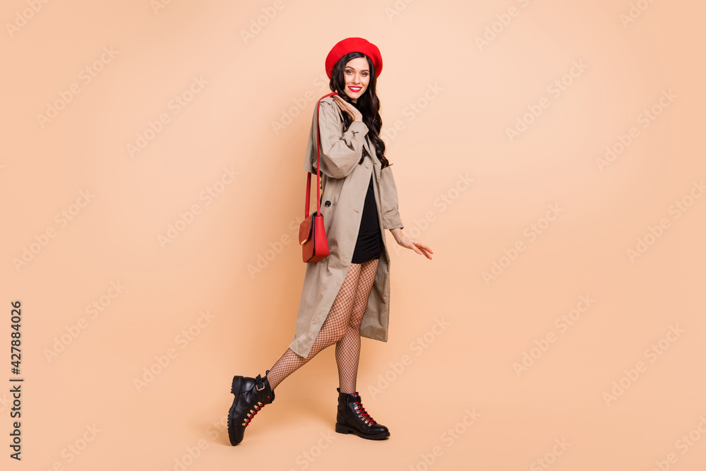 Full length photo portrait of charming girl with clutch bag isolated on pastel beige colored background Full length photo portrait of charming girl with clutch bag isolated on pastel beige colored background
