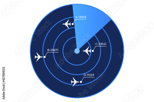 Air transport, radar signal warns danger, scan and search for aircraft, cartoon style vector illustration, isolated on white.