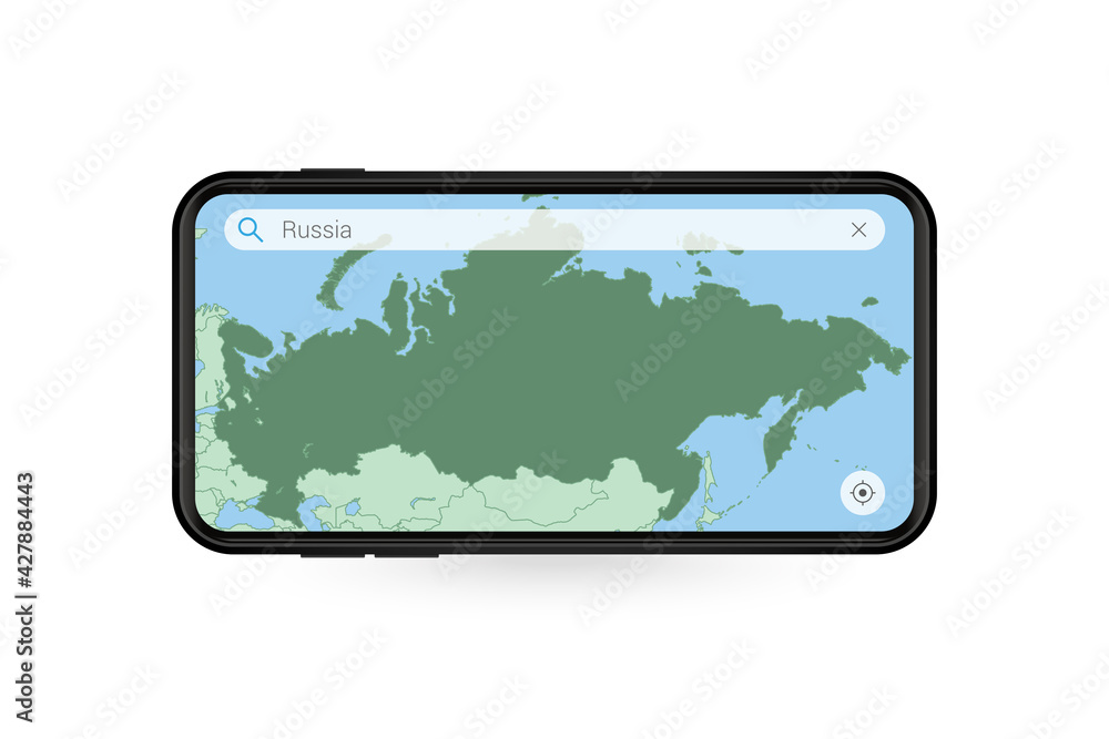 Searching map of Russia in Smartphone map application. Map of Russia in Cell Phone. Searching map of Russia in Smartphone map application. Map of Russia in Cell Phone.
