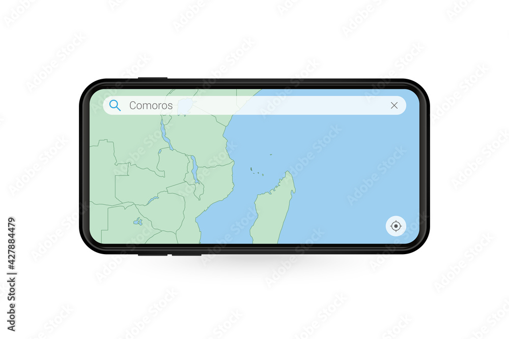 Searching map of Comoros in Smartphone map application. Map of Comoros in Cell Phone. Searching map of Comoros in Smartphone map application. Map of Comoros in Cell Phone.