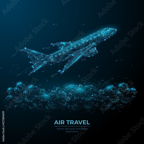 3d airplane flying over clouds. Digital vector airliner in the sky. Air travel, airline transportation concept. Low poly dark blue wireframe with dots, lines and flying particles look like debris 