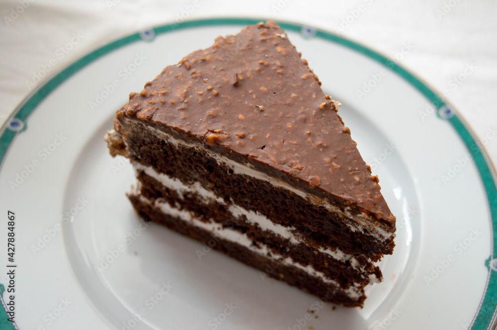 Chocolate sponge cake slice close-up. Side and top view of a chocolate cake on a plate. Chocolate sponge cake slice close-up. Side and top view of a chocolate cake on a plate.