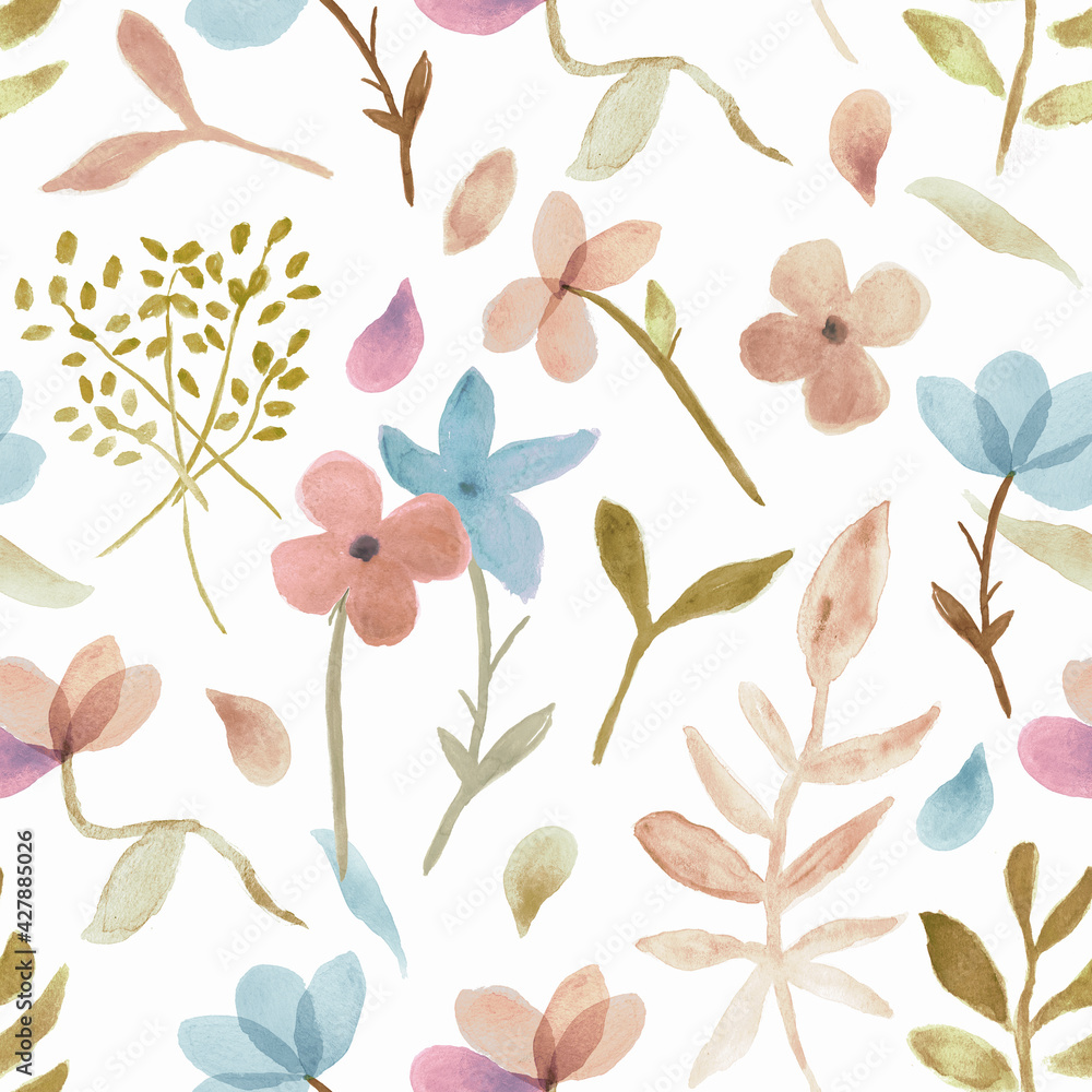 Floral Hand drawn Watercolor isolated on white canvas with high resolution texture, seamless pattern
