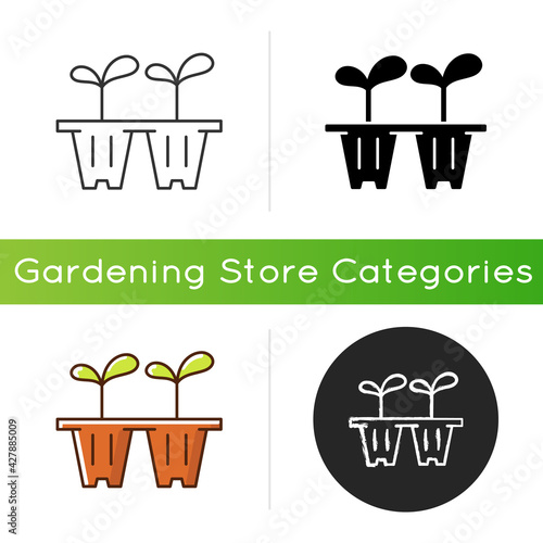 Seedling trays icon. Temporary containers that hold plants from seed to seedling stage. Seeds are transferred from trays to plot. Linear black and RGB color styles. Isolated vector illustrations