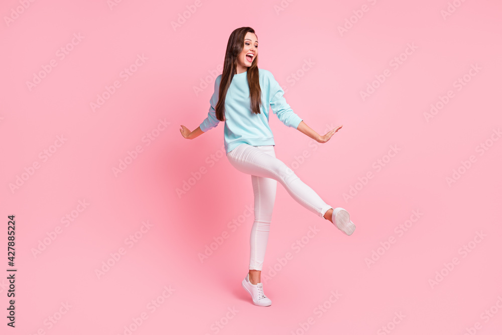 Full body portrait of attractive person enjoy vacation open mouth isolated on pastel pink color background